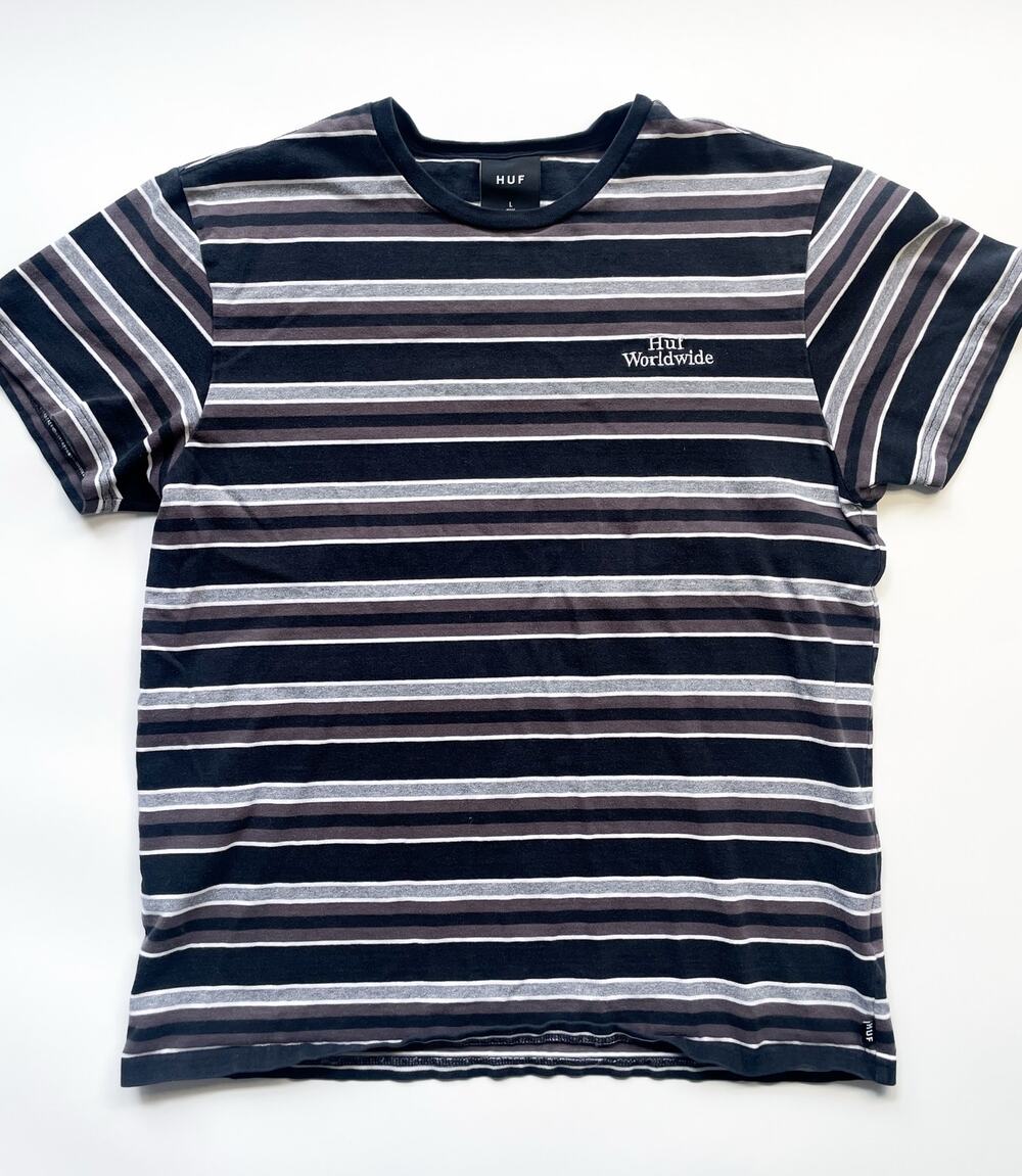 Men's Huf Worldwide Striped Black and Gray Cotton T-Shirt Size L